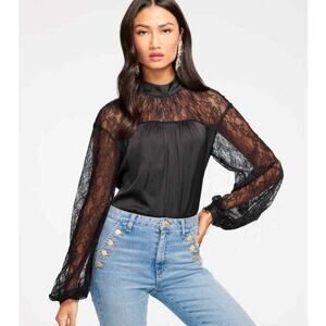 NWT Ramy Brook Black Lace Mock Neck Blouse Top